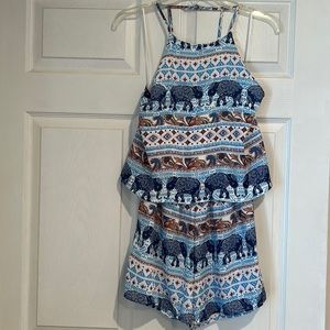 Vintage Elephant Romper in blue/ivory print, size L